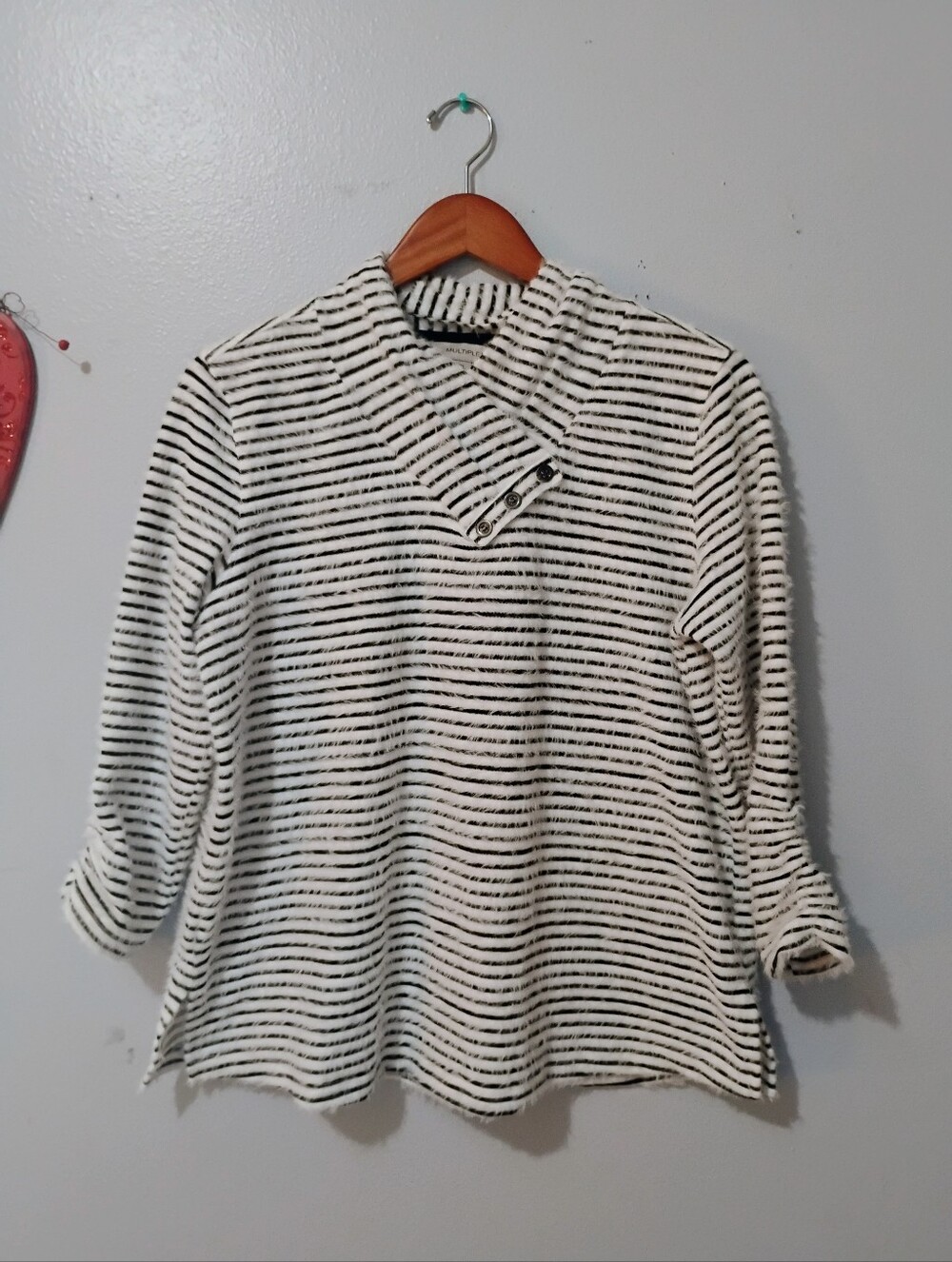 Multiples Black & White Striped Funnel Neck Pullover